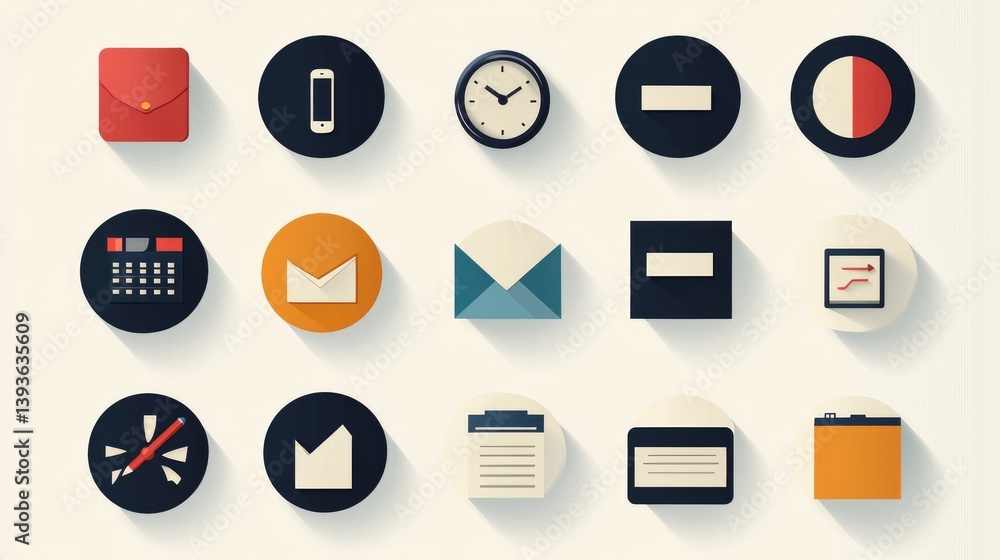 Circular vector business icons with long shadow on pastel background Circular vector business icons with long shadow on pastel background