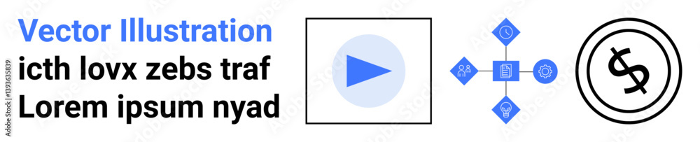 Blue play button, connected geometric shapes, and dollar sign icon combine to convey financial, digital, and media themes. Ideal for technology, finance, marketing, analytics creativity Blue play button, connected geometric shapes, and dollar sign icon combine to convey financial, digital, and media themes. Ideal for technology, finance, marketing, analytics creativity