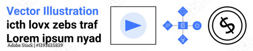 Blue play button, connected geometric shapes, and dollar sign icon combine to convey financial, digital, and media themes. Ideal for technology, finance, marketing, analytics creativity