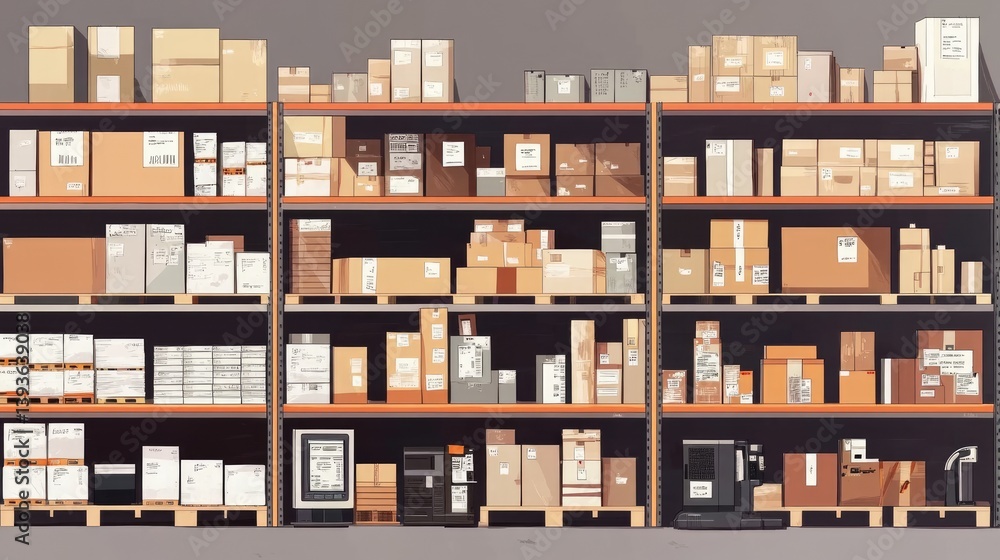 E-commerce concept with warehouse shelves, shipping labels, and barcode scanners digitally illustrated E-commerce concept with warehouse shelves, shipping labels, and barcode scanners digitally illustrated