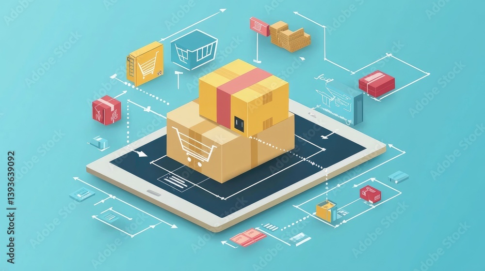 E-commerce strategy mind map on tablet screen with arrows connecting sales, SEO, and logistics