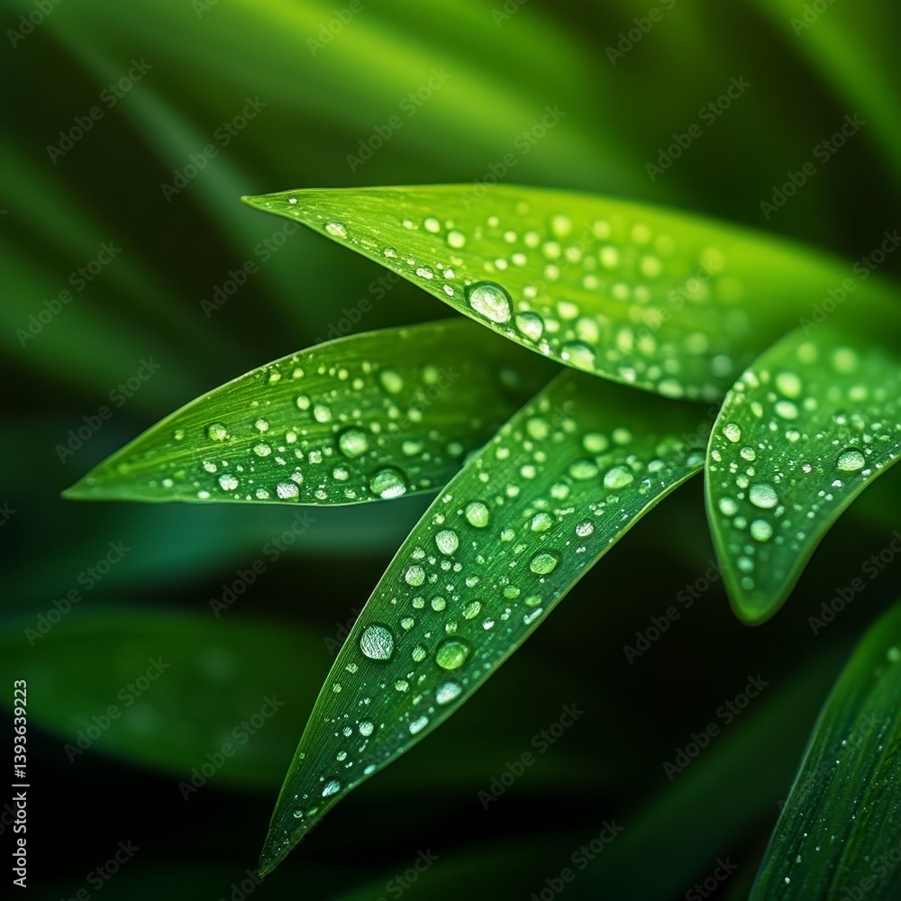 Fototapeta premium Close Up of Dew Drops on Vibrant Green Leaves