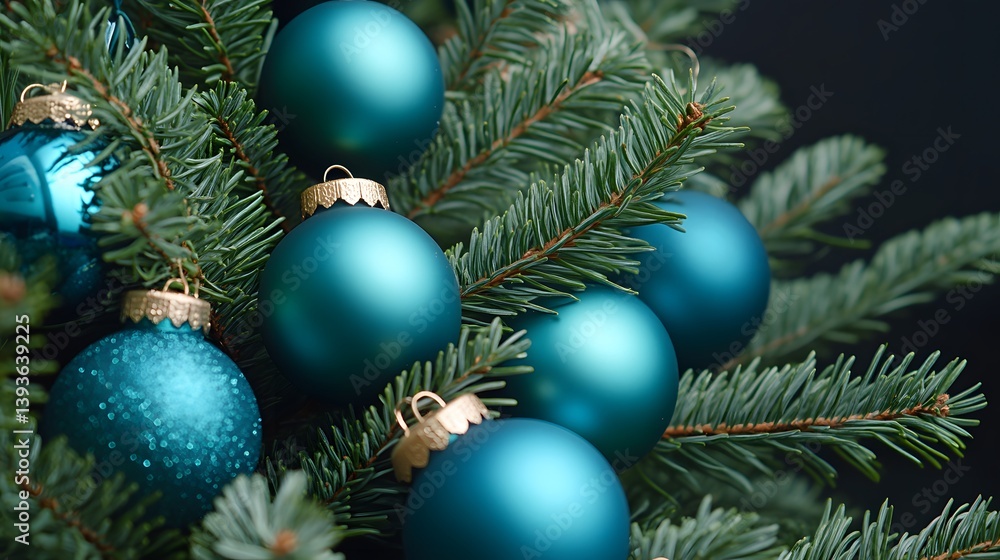 Teal Christmas Ornaments on Pine Tree Branch Teal Christmas Ornaments on Pine Tree Branch