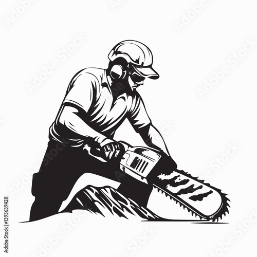 Man Using Chainsaw Image Vector. Lumberjack With Chainsaw Stock Illustration