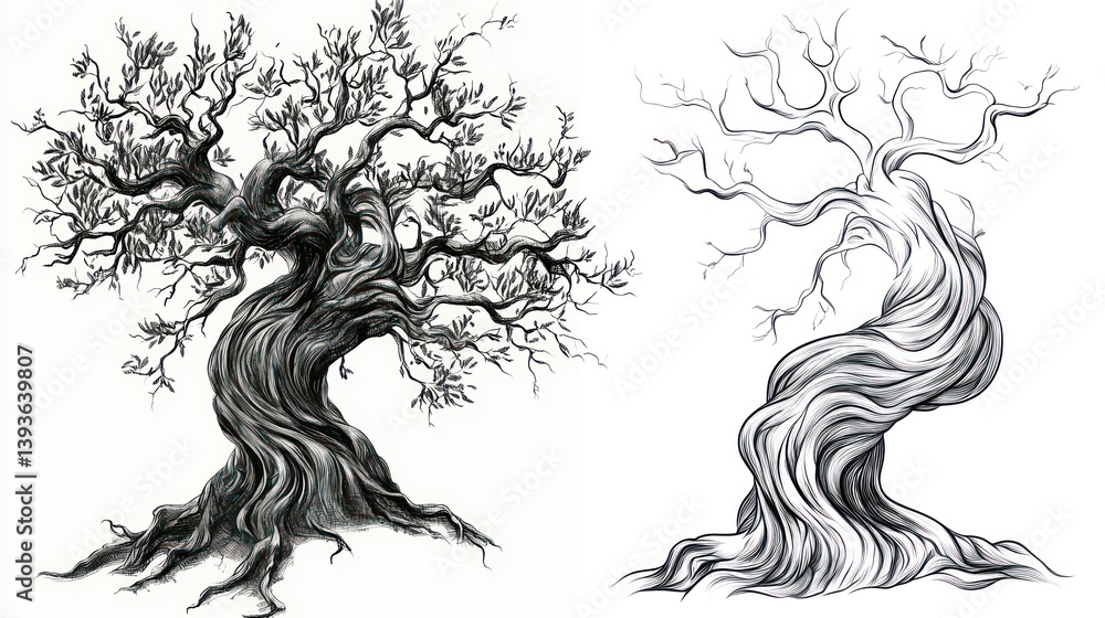Fototapeta premium Two detailed black and white drawings of an old, gnarled tree. One is shaded, the other has flowing lines