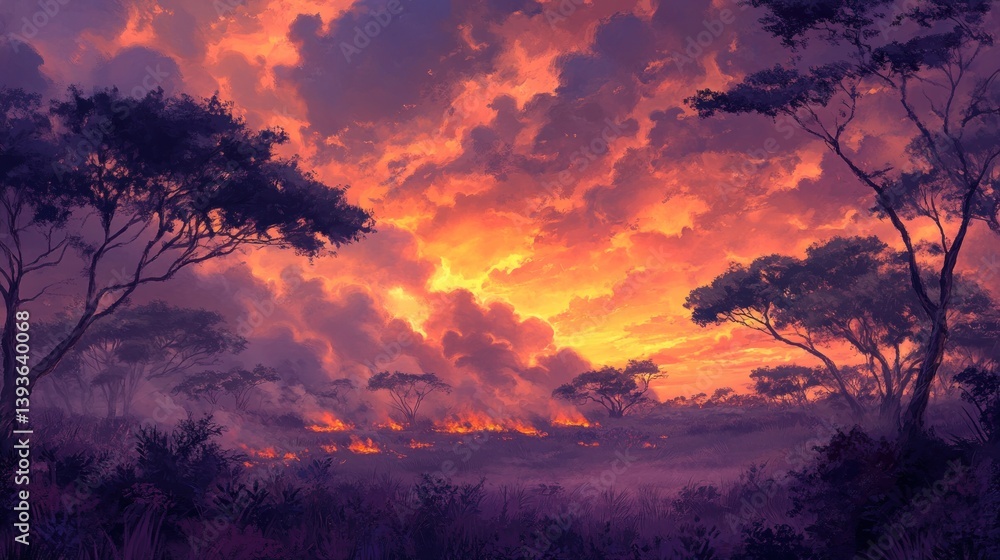Fototapeta premium A vibrant sunset over a serene landscape with trees and dramatic clouds.