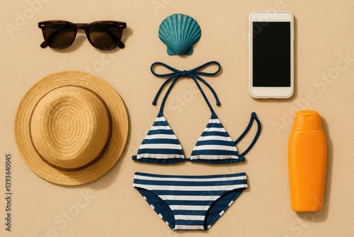 Summer beach essentials flat lay with hat, bikini, and sunglasses  