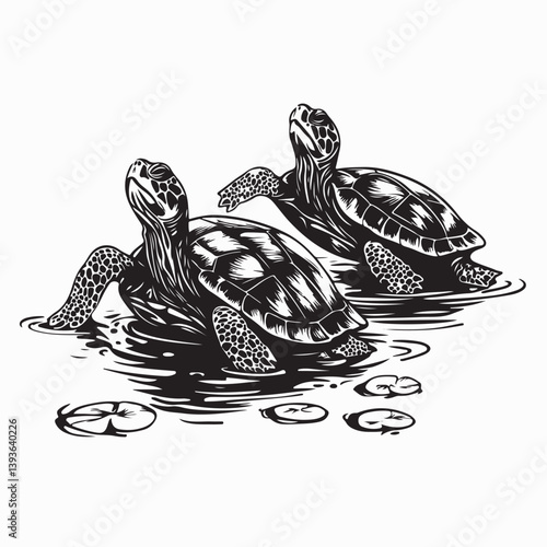 Turtles Pond Image vector. Turtles Relaxing at Pond Serene Nature Illustration.