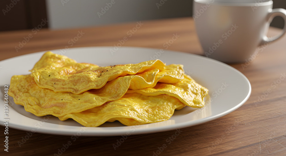 Side View of Scrambled Eggs and Coffee on Wooden Table Side View of Scrambled Eggs and Coffee on Wooden Table