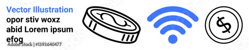 Coin, blue wireless icon, dollar sign circle representing digital payments, wireless transactions, modern banking. Ideal for fintech, e-commerce, connectivity, online shopping contactless payment