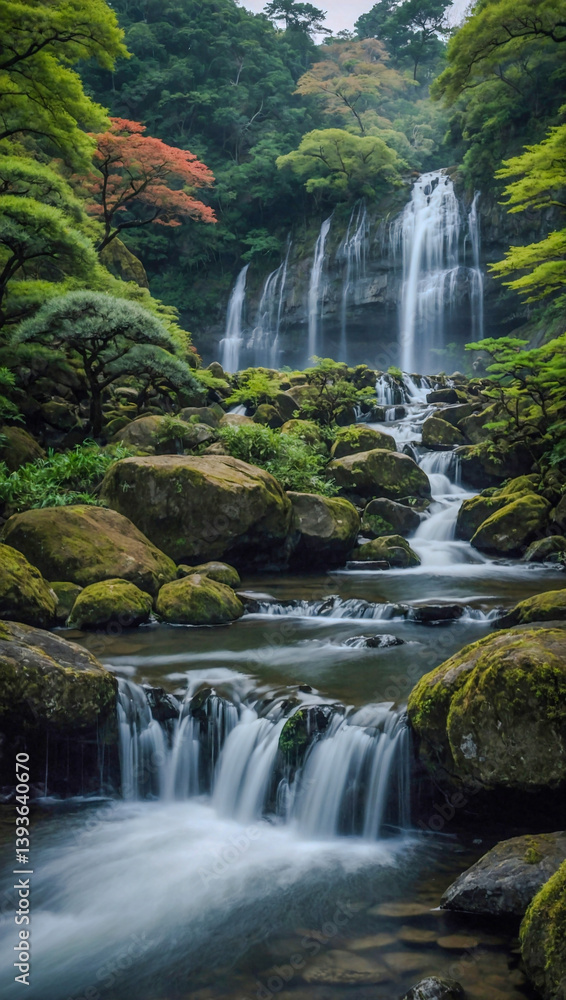 Naklejka premium Shōjin Falls cascading in a serene Japanese setting.