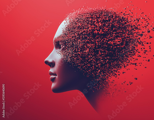 A digitized human head silhouette with a red background and particle effects, symbolizing future technology and artificial intelligence.