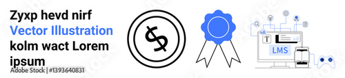 Dollar sign coin, award ribbon, LMS interface with connected nodes, and gaming controller. Ideal for e-learning, financial growth, award recognition, technology, education gamification abstract