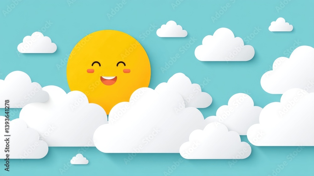 Cheerful sun smiling among fluffy clouds in a blue sky Cheerful sun smiling among fluffy clouds in a blue sky