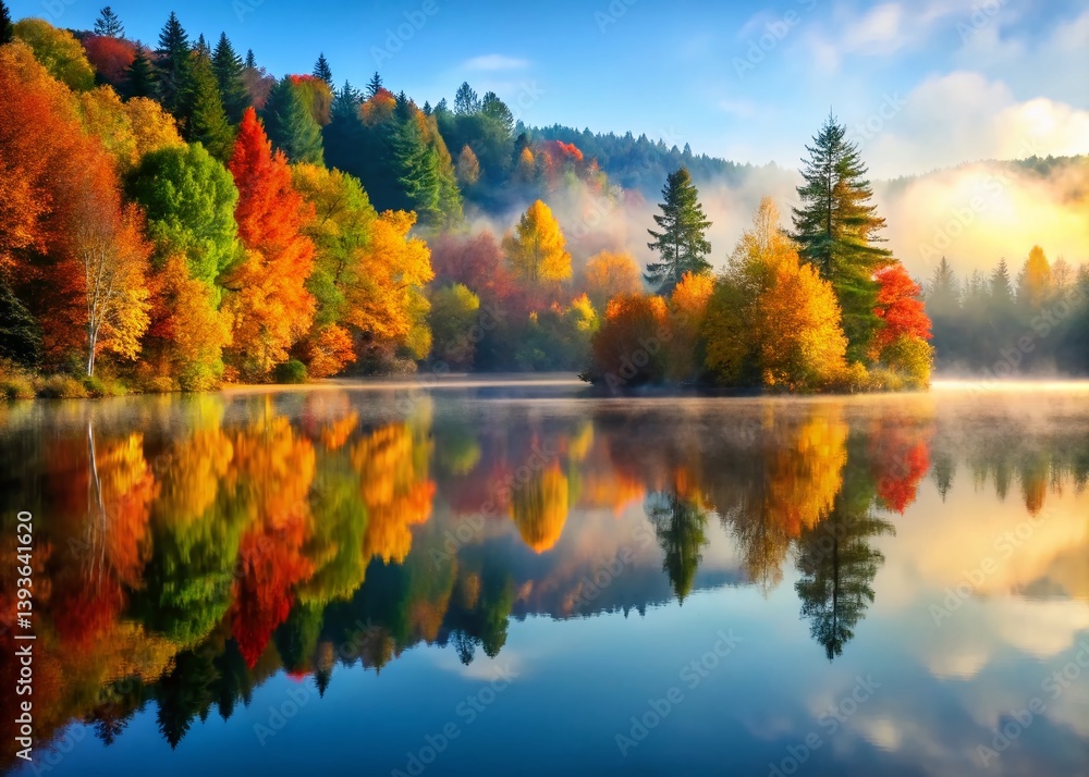 Fototapeta premium Autumnal Serenity A Misty Lake Reflecting Vibrant Fall Foliage in a Breathtaking Stillness