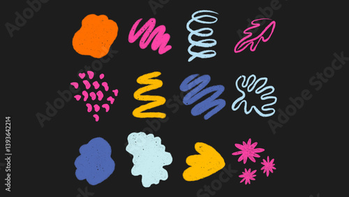 Handcrafted scribble texture pack inspired by children's drawings. Oil pastel strokes, chalky scratches, crosshatch patterns and playful doodle shapes
