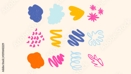 Vector kids drawing textures. Crayon scribbles, charcoal doodles, oil pastel sketch elements for school, kindergarten, and children’s projects.