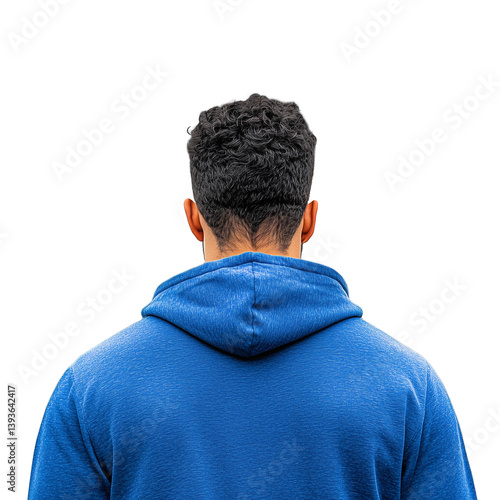 Man in blue hoodie with back facing camera on a transparent background