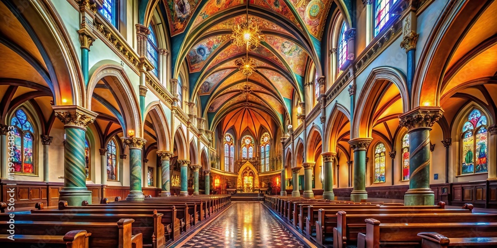 Fototapeta premium Tranquil Sanctuary Sunlight Dapples a Stained Glass Church Interior Evoking a Sense of Peace and Spiritual Reflection
