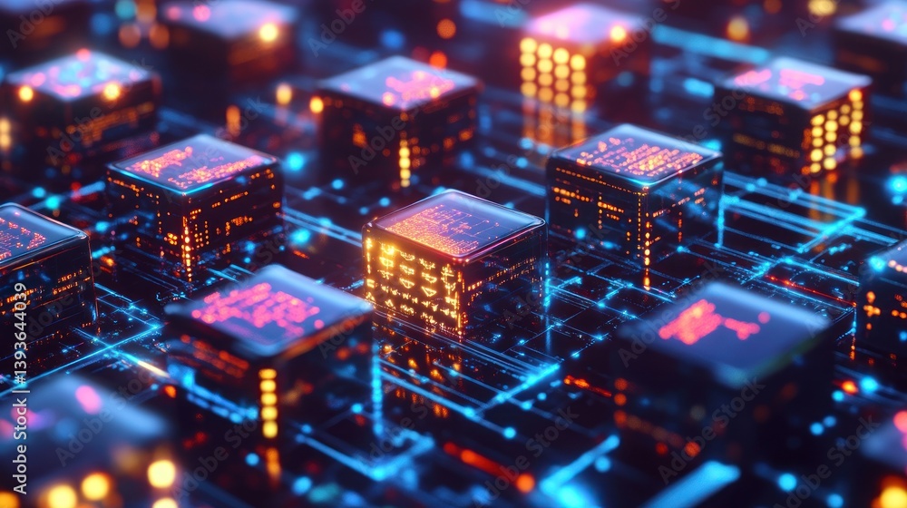 A close-up view of glowing microchips on a circuit board, showcasing technology and innovation. A close-up view of glowing microchips on a circuit board, showcasing technology and innovation.