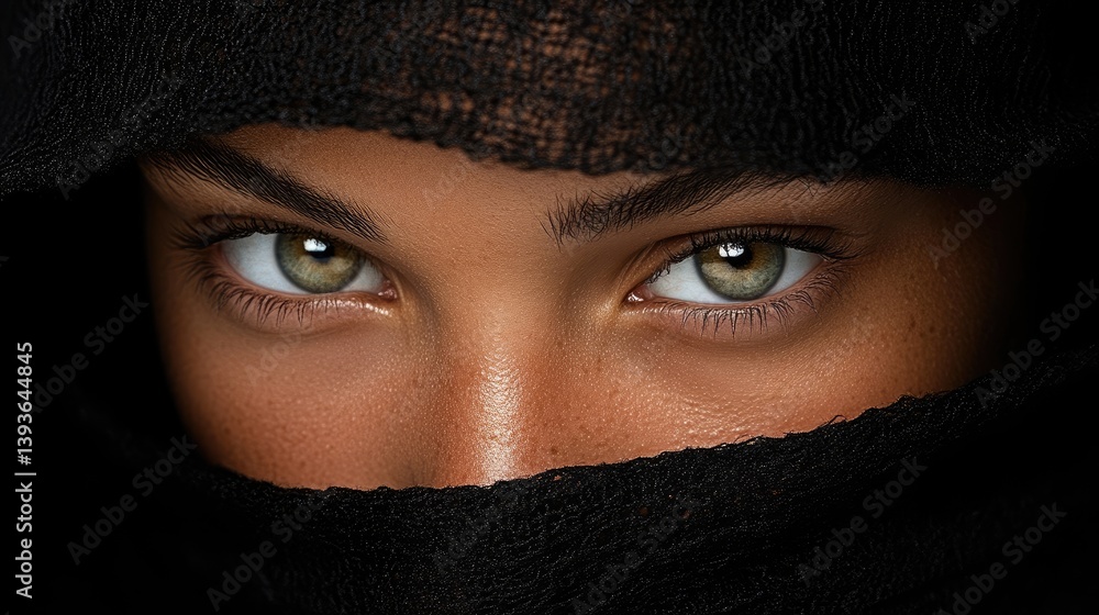Close-up of a woman's captivating eyes. Dark fabric obscures the face Close-up of a woman's captivating eyes. Dark fabric obscures the face