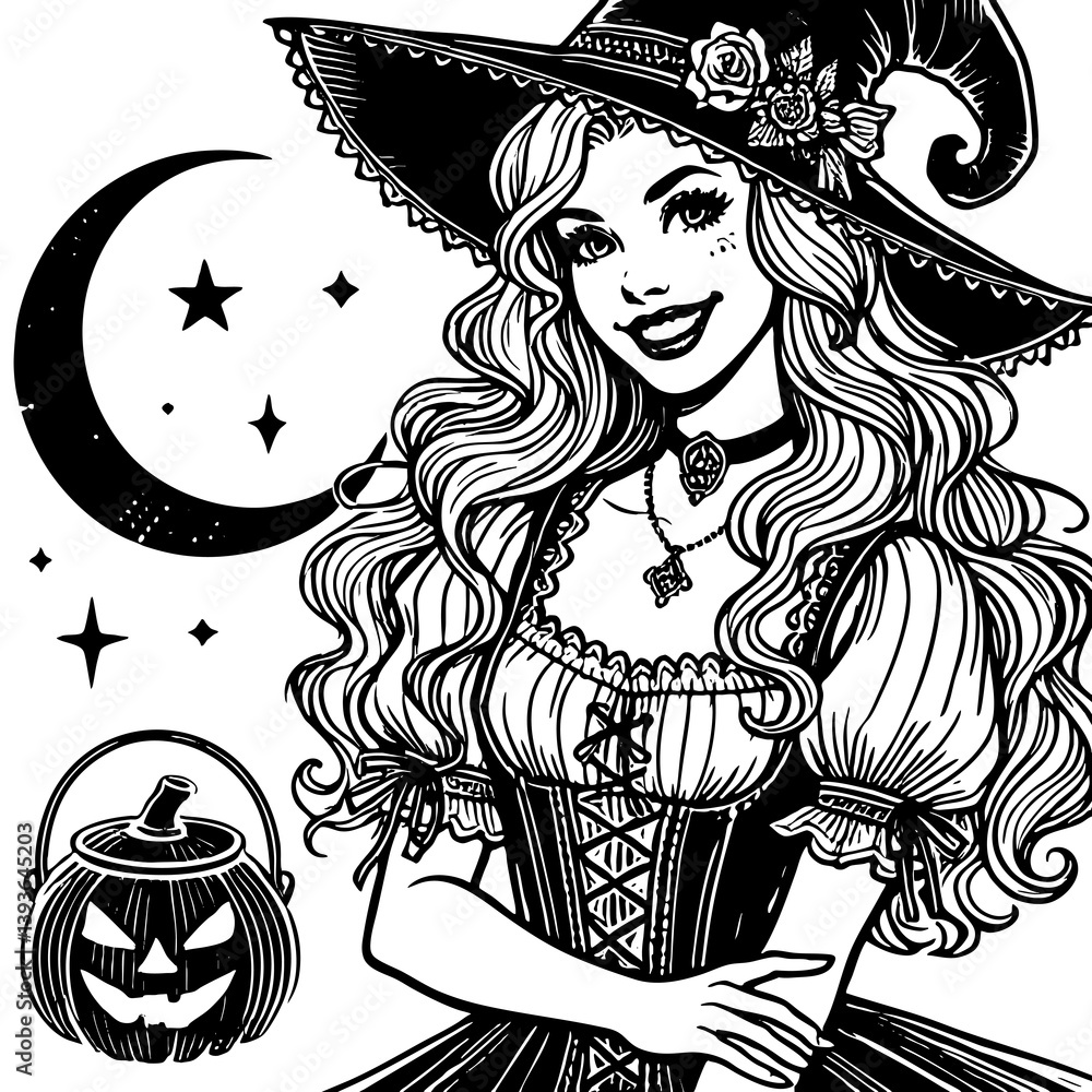 Fototapeta premium charming witch with long wavy hair, wearing a traditional pointed hat and smiling confidently sketch engraving generative ai PNG illustration. Scratch board imitation. Black and white image.