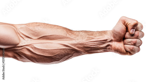Png of A close-up of a muscular male arm with prominent veins flexing in a fist, showcasing strength and fitness.