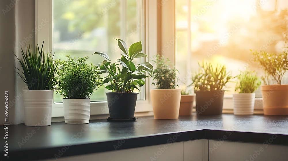 Fototapeta premium A bright kitchen windowsill adorned with various green houseplants in an array of elegant pots, basking in the warm glow of evening sunlight