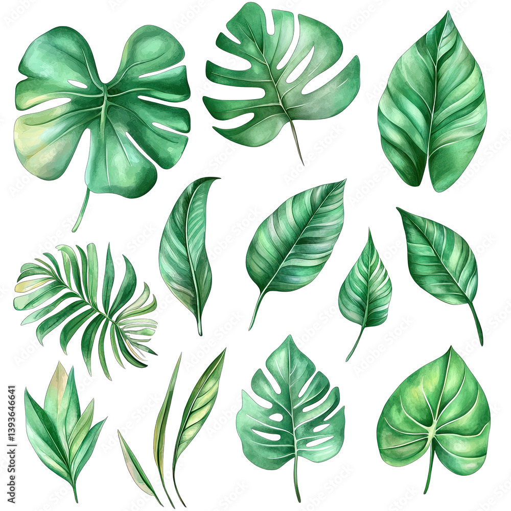 collection of various green leaves illustrated in a watercolor style showcasing their unique shapes and textures it serves as a decorative element for design projects or botanical themes collection of various green leaves illustrated in a watercolor style showcasing their unique shapes and textures it serves as a decorative element for design projects or botanical themes