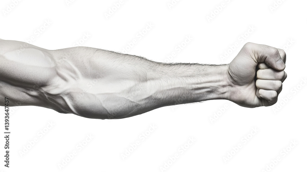 Png of Male arm showing muscles and clenched fist, symbolizing strength and determination against a plain background.