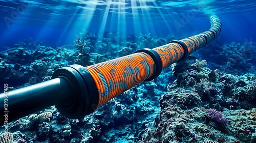 Underwater Submarine Cable Laying Across Ocean Floor with Sunlight Streaming Through Clear Blue Water

