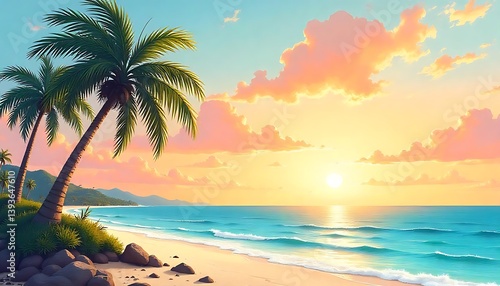 Artistic summertime background with palm trees, sun and sky. Artistic brush strokes textured wallpaper design, created with generative ai