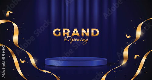 Blue curtain with golden confetti and ribbon background. Elegant podium with grand opening text banner.