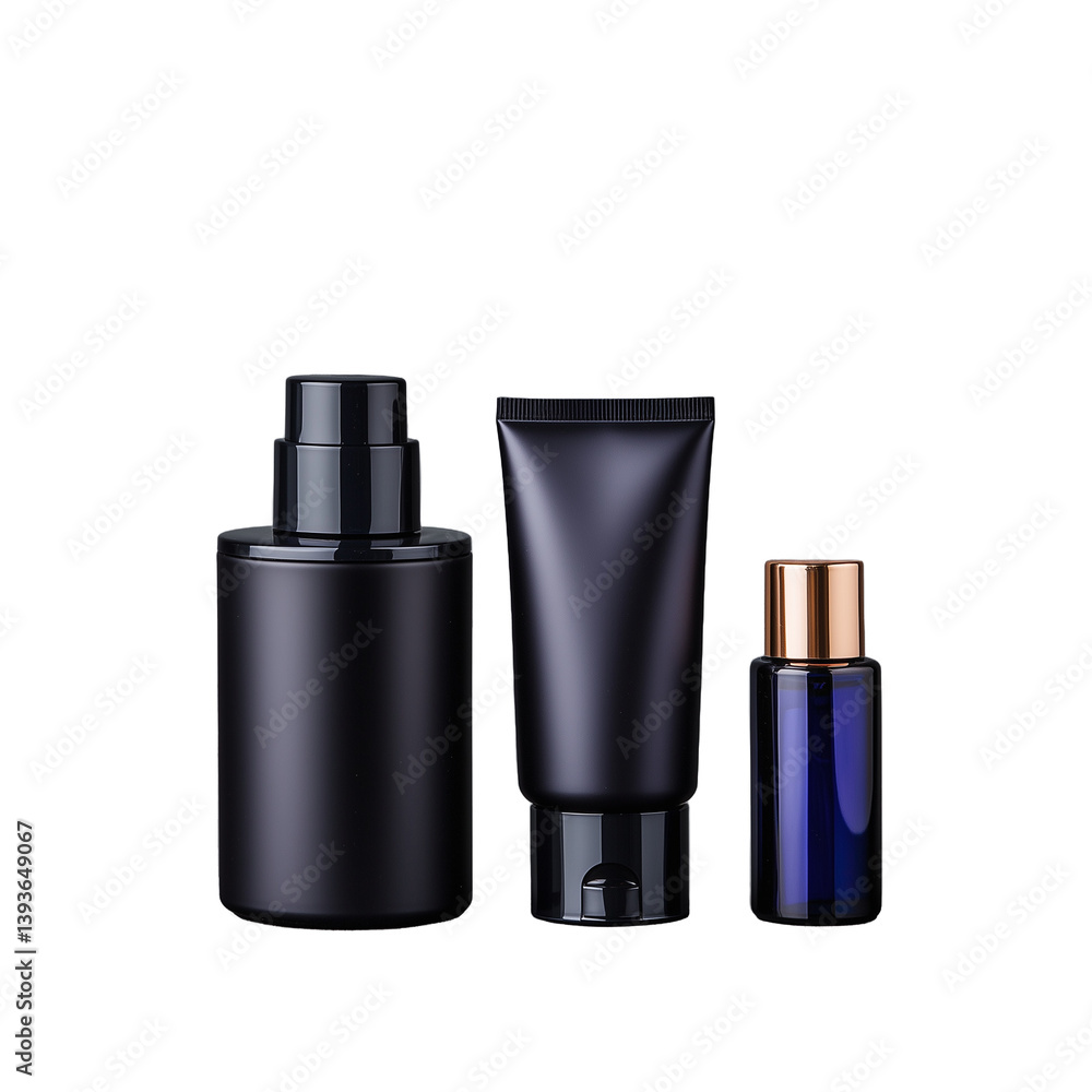 Set of three black cosmetic containers in various sizes with sleek design on a transparent background Set of three black cosmetic containers in various sizes with sleek design on a transparent background