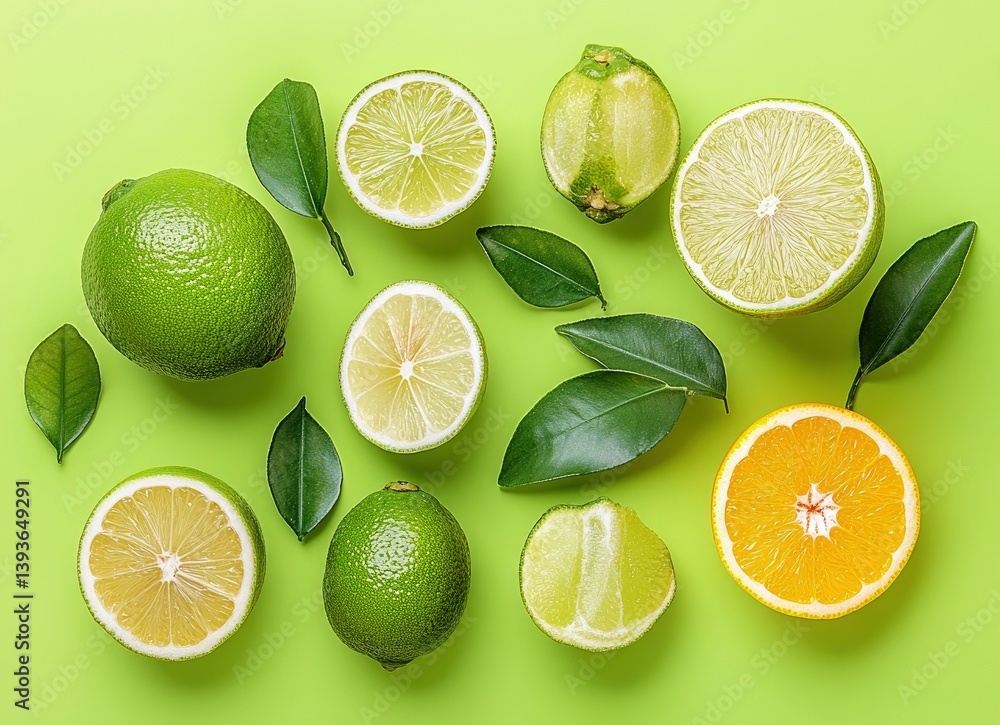 Limes and Orange Slices on Green Background for Fresh Citrus Concept Limes and Orange Slices on Green Background for Fresh Citrus Concept