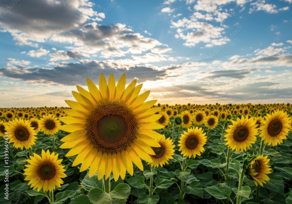 A field of sunflowers under a cloudy blue sky at golden hour A field of sunflowers under a cloudy blue sky at golden hour