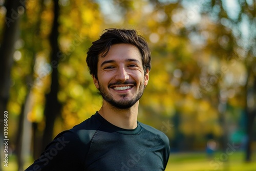 A smiling man in the park enjoying a bright sunny day
