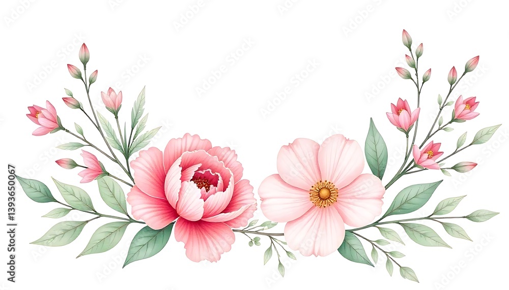 Fototapeta premium A delicate watercolor painting of flowers and foliage on a white background, Watercolor floral wallpaper banner design, created with generative ai