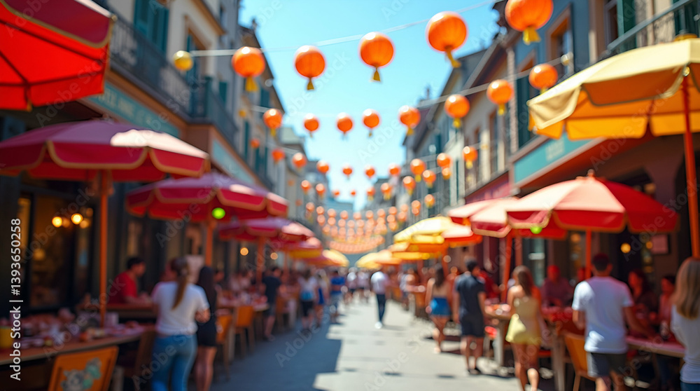 Fototapeta premium Dynamic Street Fairs & Carnivals: Vibrant Decorations, Engaging Performances, and Cultural Diversity in Urban Celebrations - Photo Stock Concept with Empty Space