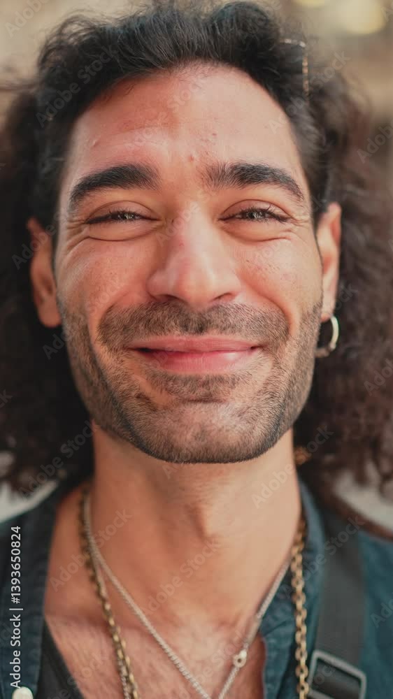 Vertical video, Close-up, young italian guy with long curly hair and stubble is standing on the sidewalk next to the road, looking at the camera and smiling, cars are passing by Vertical video, Close-up, young italian guy with long curly hair and stubble is standing on the sidewalk next to the road, looking at the camera and smiling, cars are passing by
