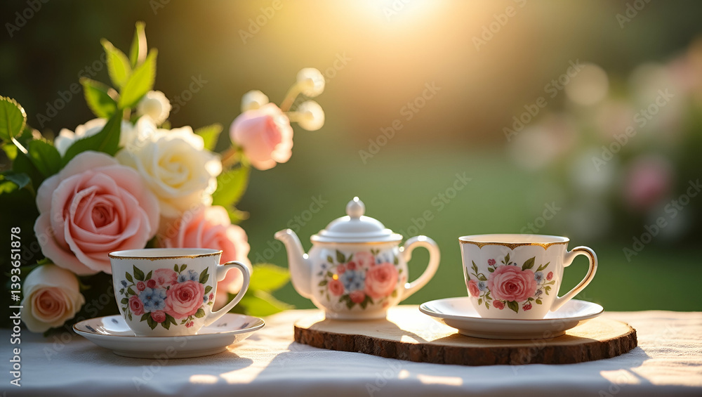 Capture an enchanting tea in a garden setting with refined floral backdrops dynamic vintage teaware and sophisticated natural light that evoke serene relaxation cultural tradition and refined elegance Capture an enchanting tea in a garden setting with refined floral backdrops dynamic vintage teaware and sophisticated natural light that evoke serene relaxation cultural tradition and refined elegance