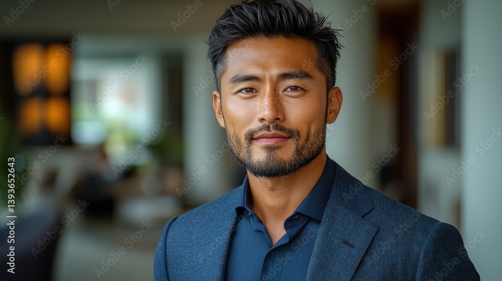 Fototapeta premium Close-up portrait of a man with short dark hair, wearing a dark blue blazer