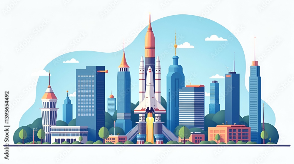 Fototapeta premium Dynamic Space Economy: Flat Illustrations of Strategic Market Development and Innovative Financial Structures for Elite Stock Collections in a Futuristic Investment Landscape