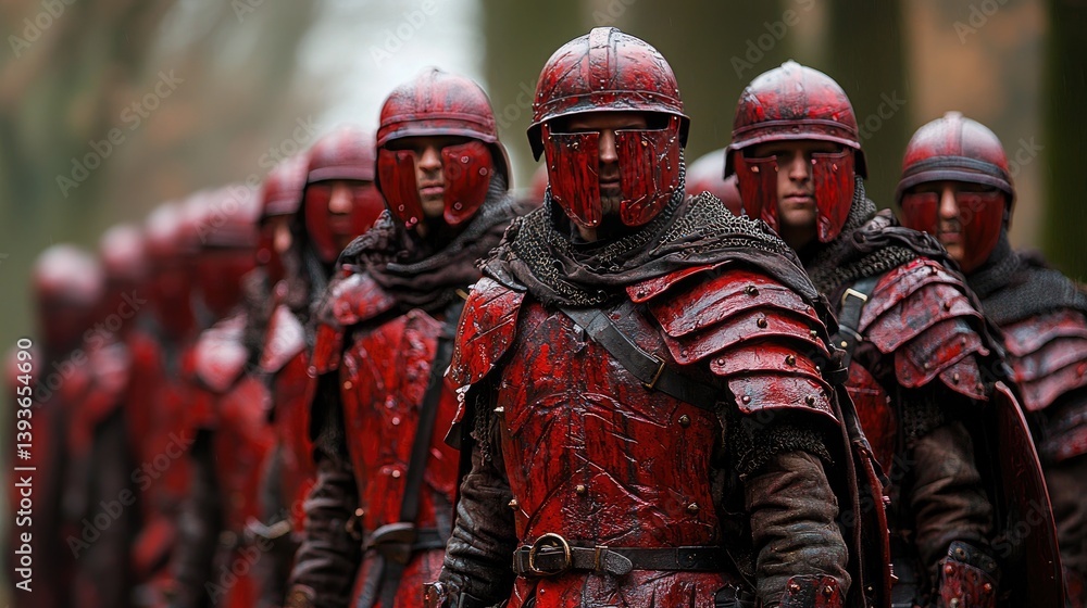 Fototapeta premium Crimson Legion: A Breathtaking Glimpse into Medieval Military History. A Powerful Image of Ancient Warriors in Red Armor.