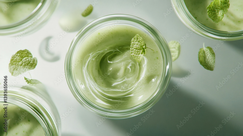 Top View of Green Cosmetic Cream with Mint Leaves Top View of Green Cosmetic Cream with Mint Leaves