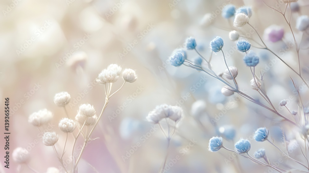 Delicate floral arrangement showcasing light blue and white blossoms with a soft pastel background, creating a tranquil and serene atmosphere Delicate floral arrangement showcasing light blue and white blossoms with a soft pastel background, creating a tranquil and serene atmosphere