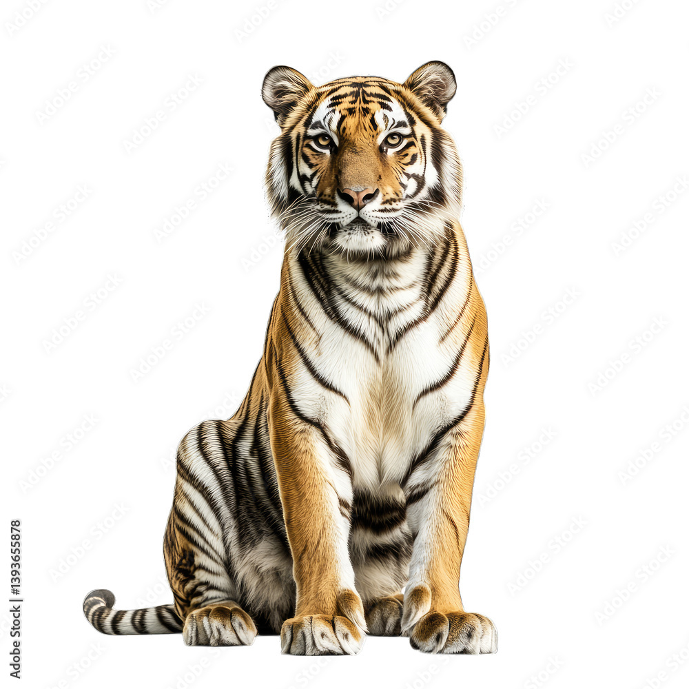 Obraz premium a majestic tiger sits confidently showcasing its striking fur patterns and intense gaze against a plain background. beauty and power of magnificent animal