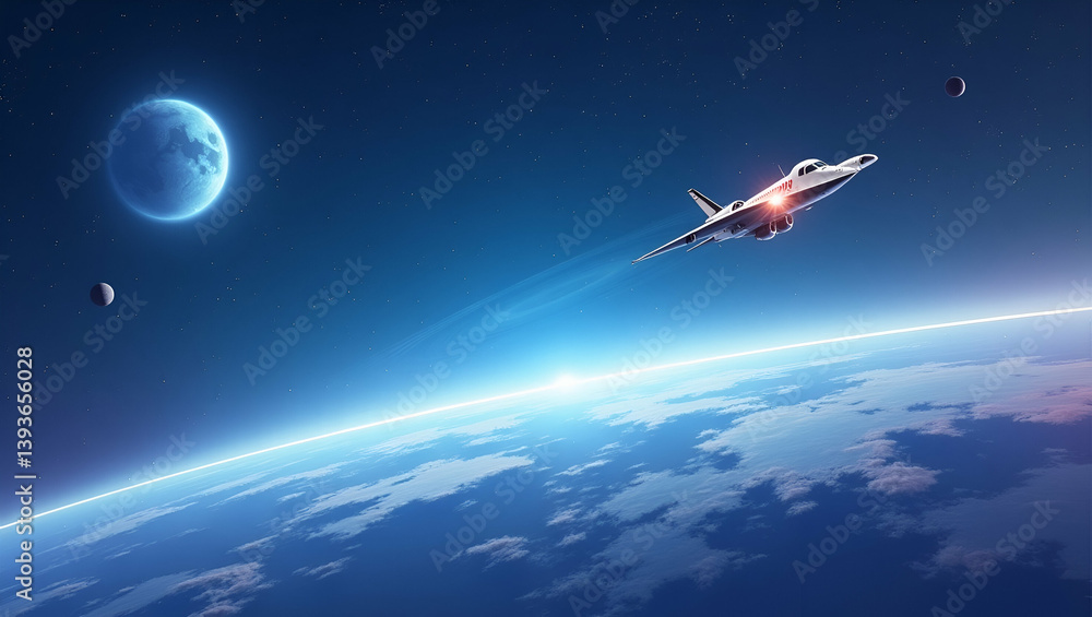 Obraz premium Flat Exhibit a modern wallpaper design illustrating space technology with expansive empty space and sleek digital visuals that convey advanced engineering innovative spacecraft design and transformati