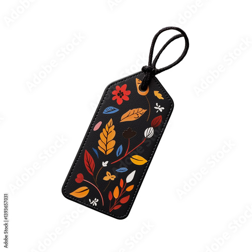 Elegant black luggage tag with a floral pattern displayed on a transparent background, perfect for travel accessories.