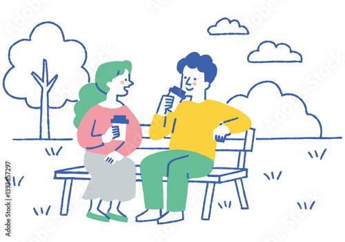 Man and woman drinking coffee on park bench_Color